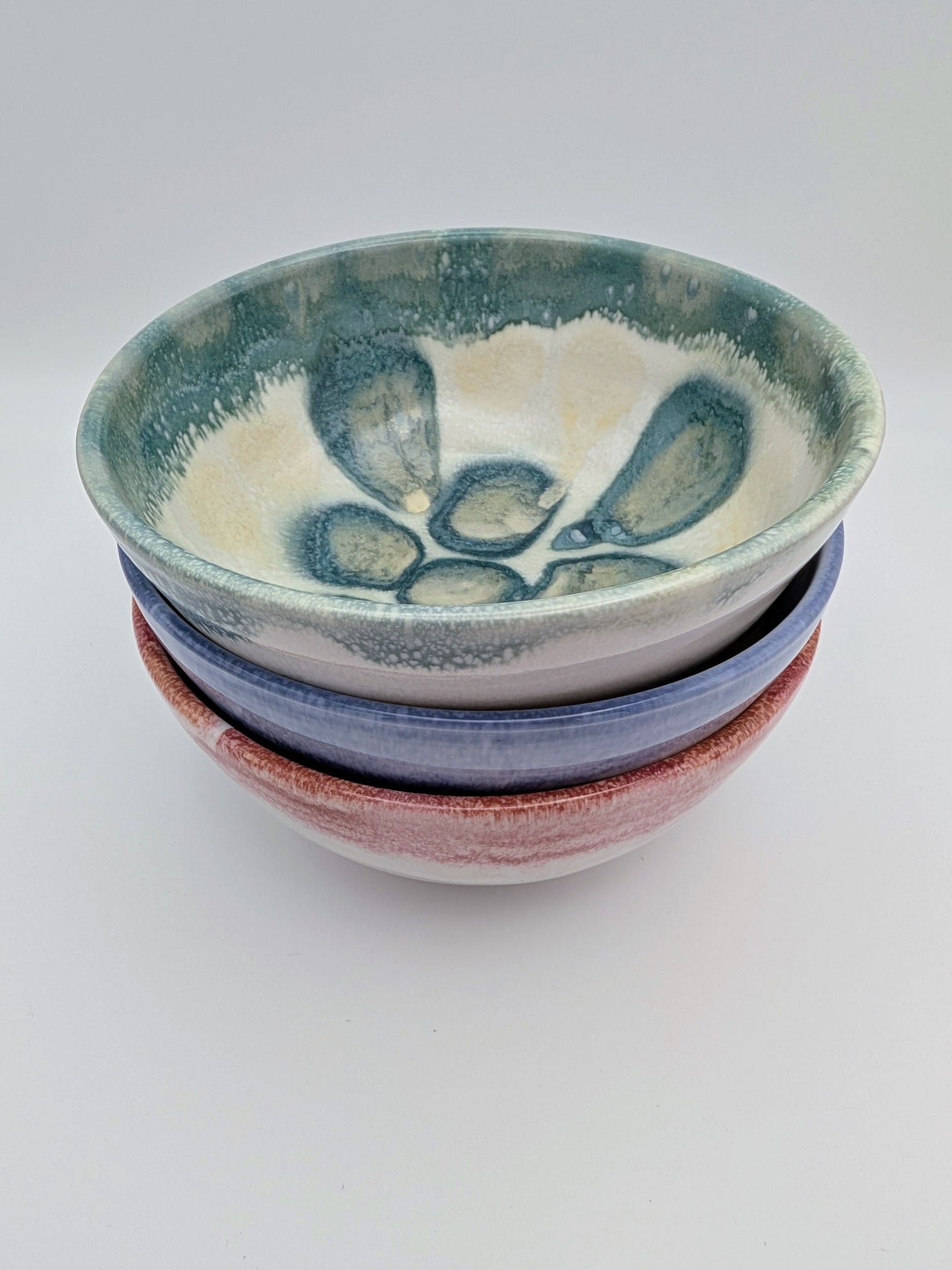 Set of 3 medium bowls - green/ivory, blue/yellow, red/orange
